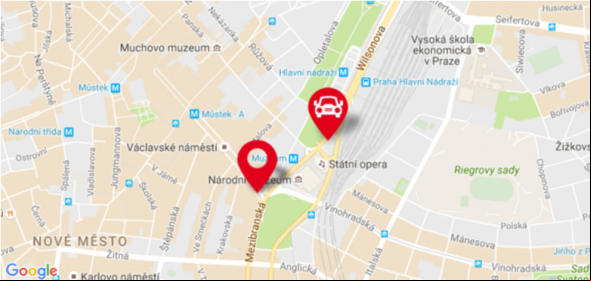 Mapa casina Showdown i s vyznačeným místem pro parkování zdarma