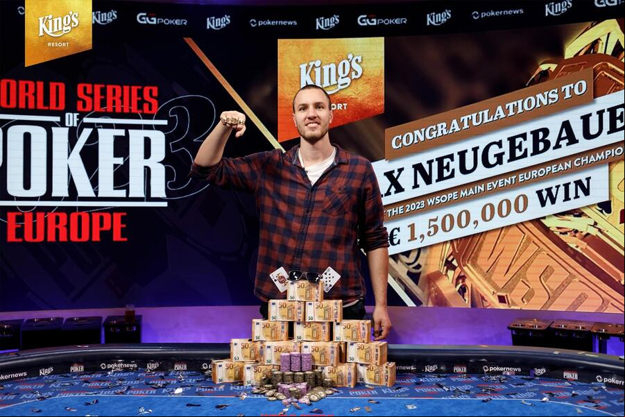 Rakušan Max Neugebauer se raduje z titulu WSOPE 2023 šampiona a odměny €1.500.000