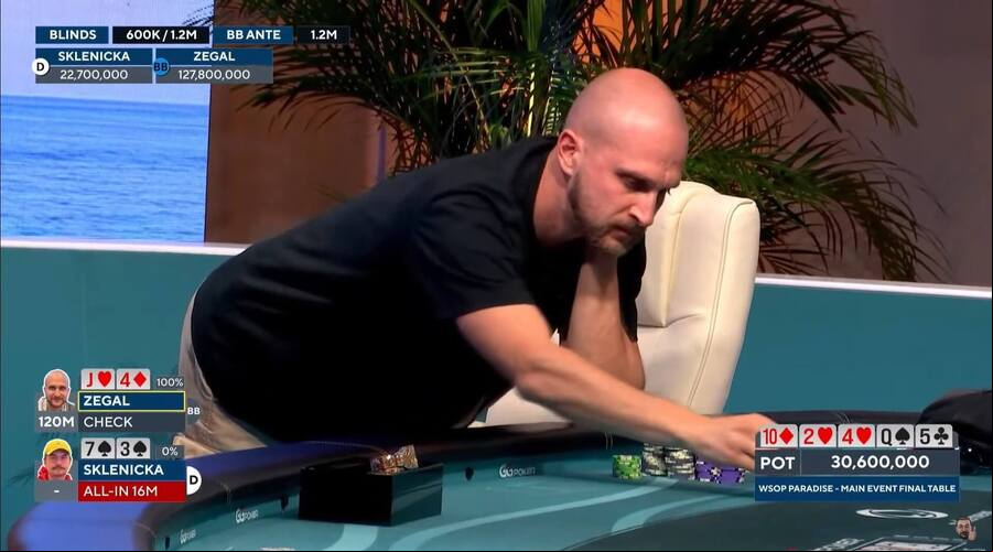 Stanislav Zegal dorovnává Skleničkův bluff se 7 high a stává se vítězem WSOP Paradise ME