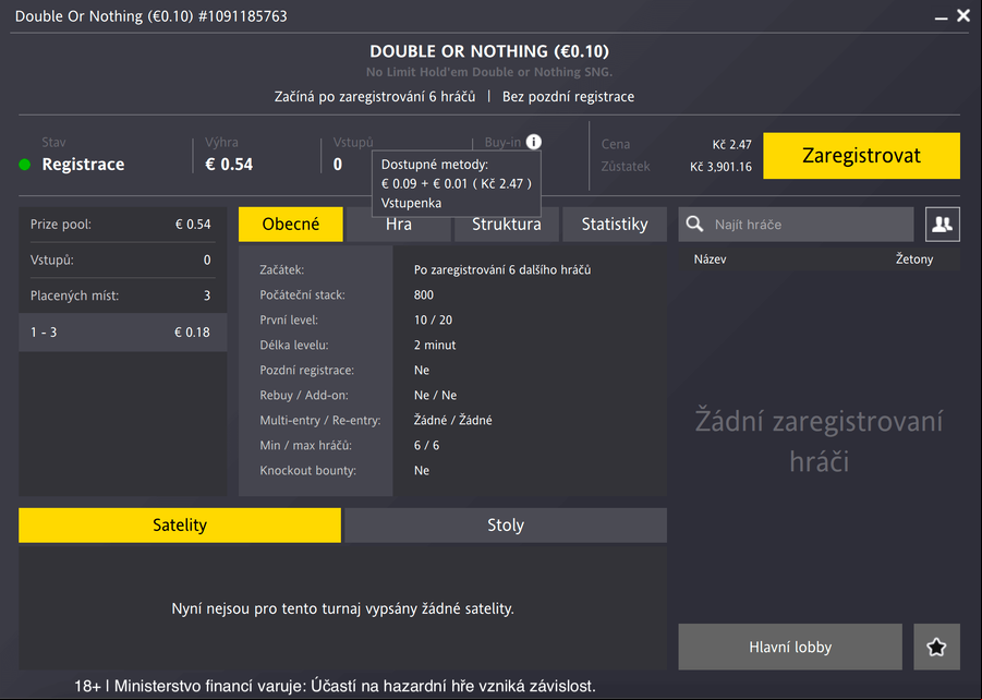Lobby Double Or Nothing turnaje za €0.10 na Fortuna Pokeru