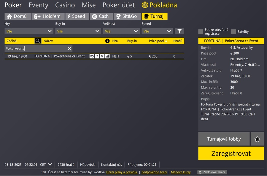 PokerArena.cz Event v turnajové lobby Fortuna Pokeru