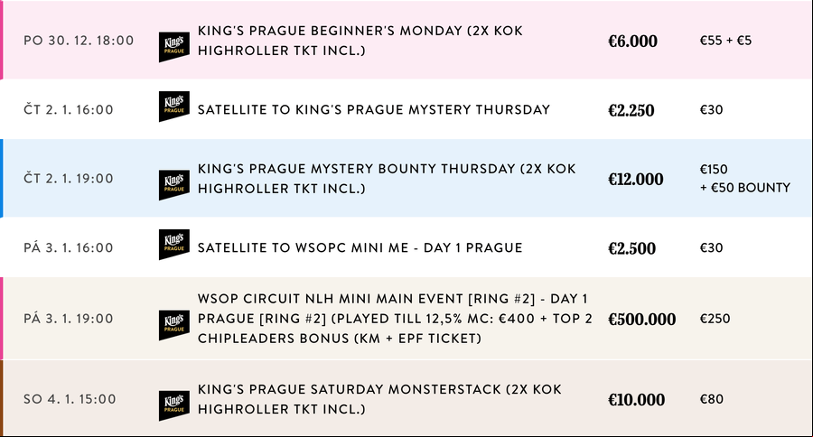 Program turnajů King’s Casina Praha