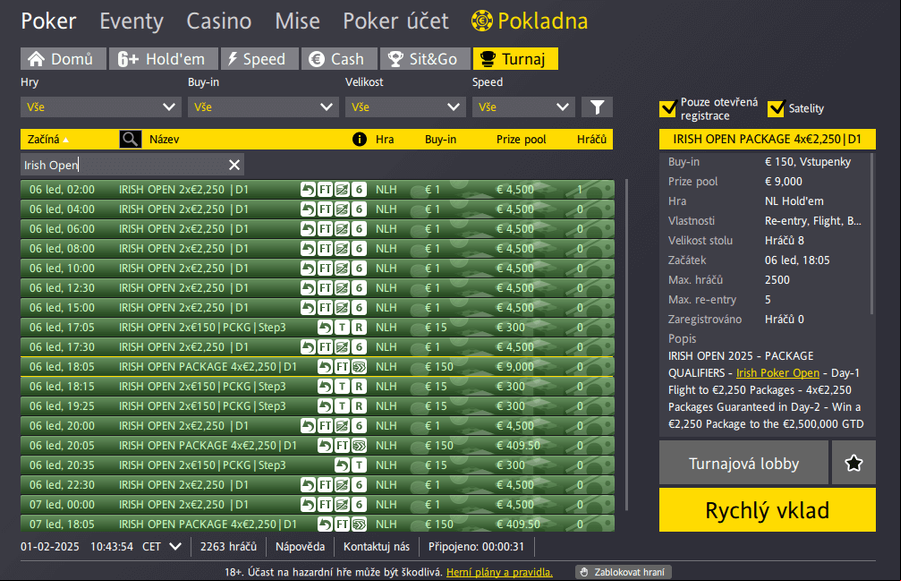 Turnajové lobby Irish Open kvalifikací na Fortuna Poker