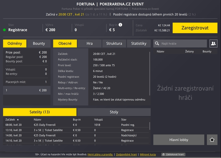 PokerArena.cz Event lobby na Fortuna Pokeru
