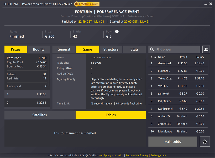 Lobby PA eventu na herně Fortuna Poker
